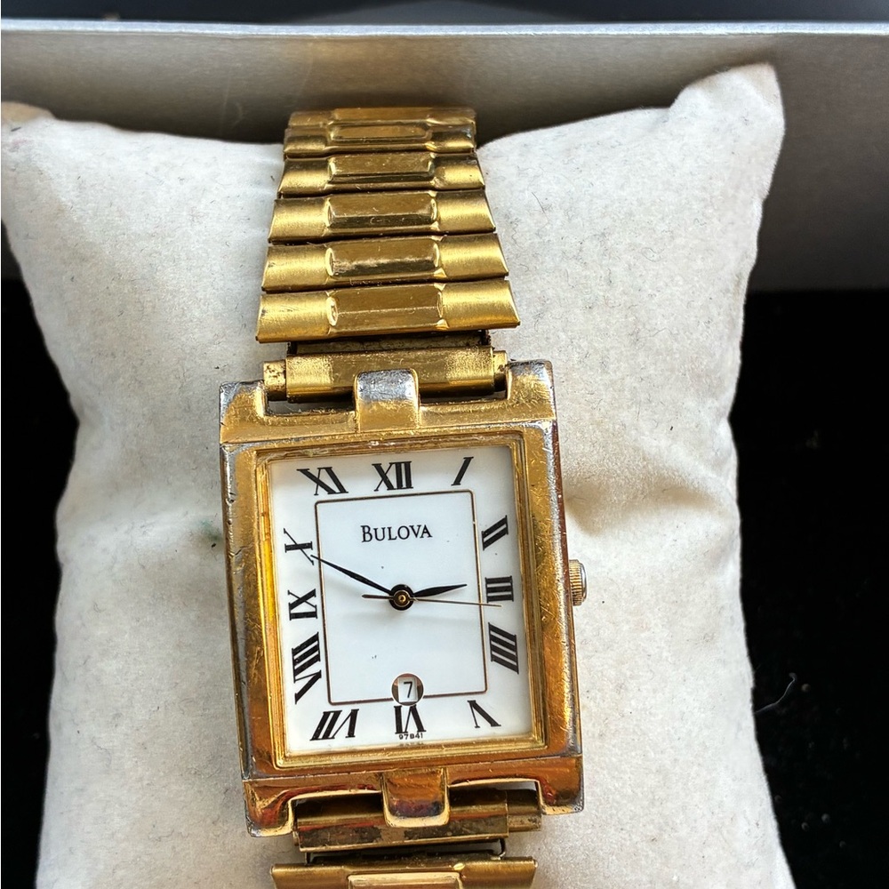 Bulova Gold and White Rectangular Dress Watch 26mm